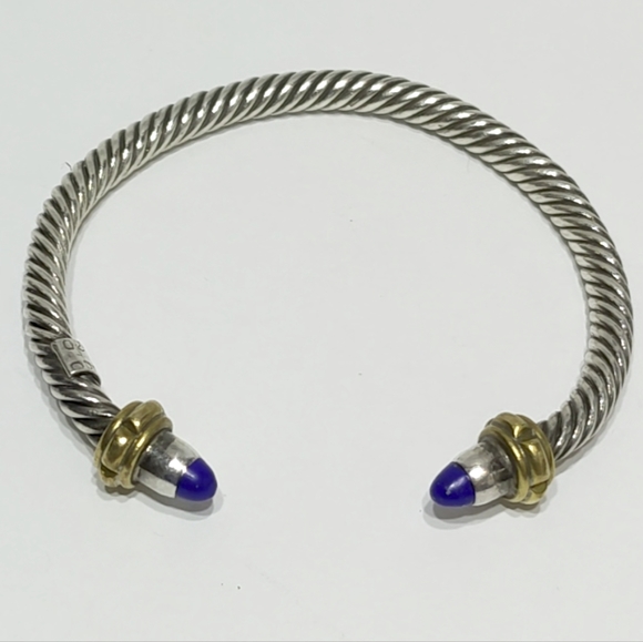 Vintage Mexico 925 Sterling Silver With Lapis Stone Rope Cuff Bracelet - Picture 7 of 13